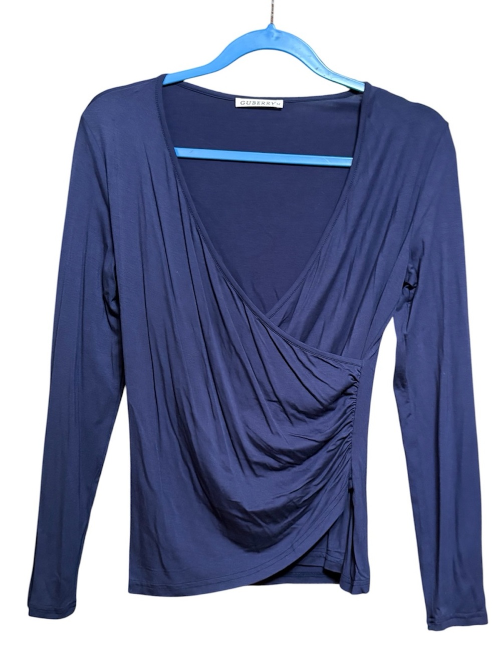 Guberry Crossover Navy Long-Sleeve Draped Wrap Top M